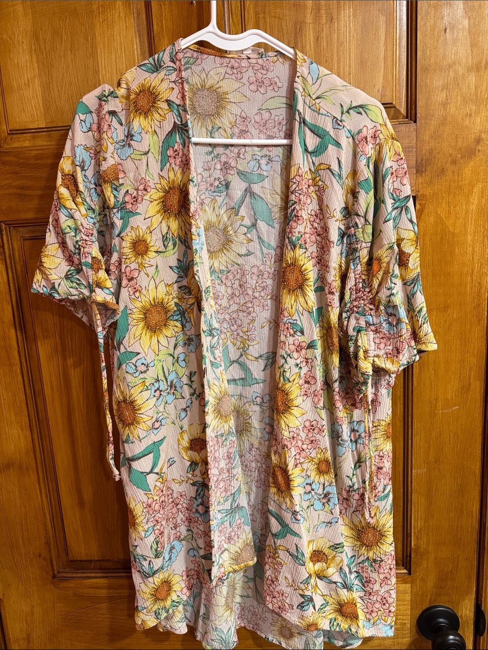 Sunflower Floral Open-Front Kimono Cardigan - Pink/Yellow